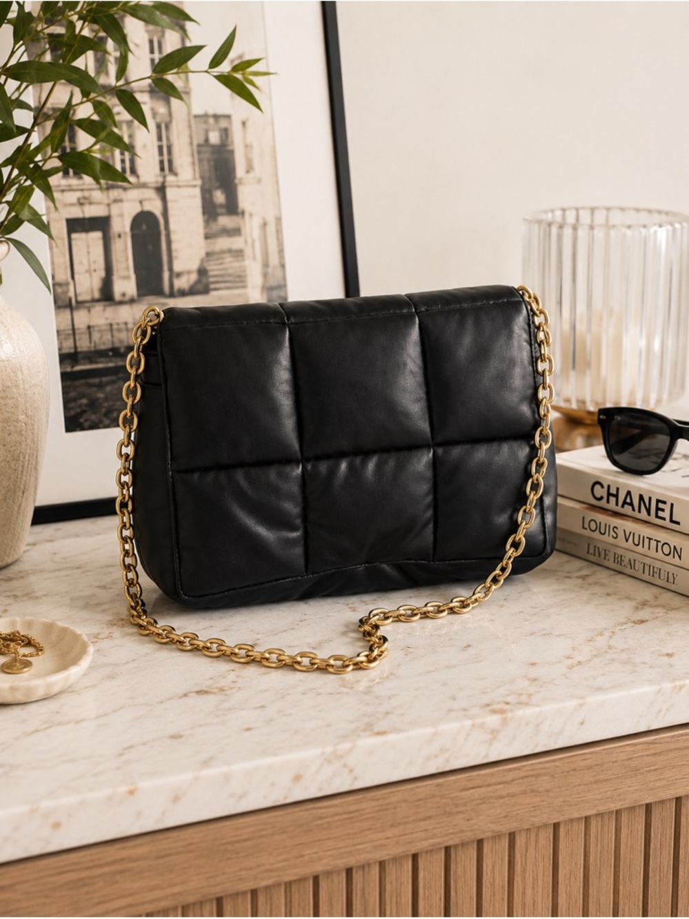 H&M Black Quilted Puffer Shoulder Bag Gold Chain Strap